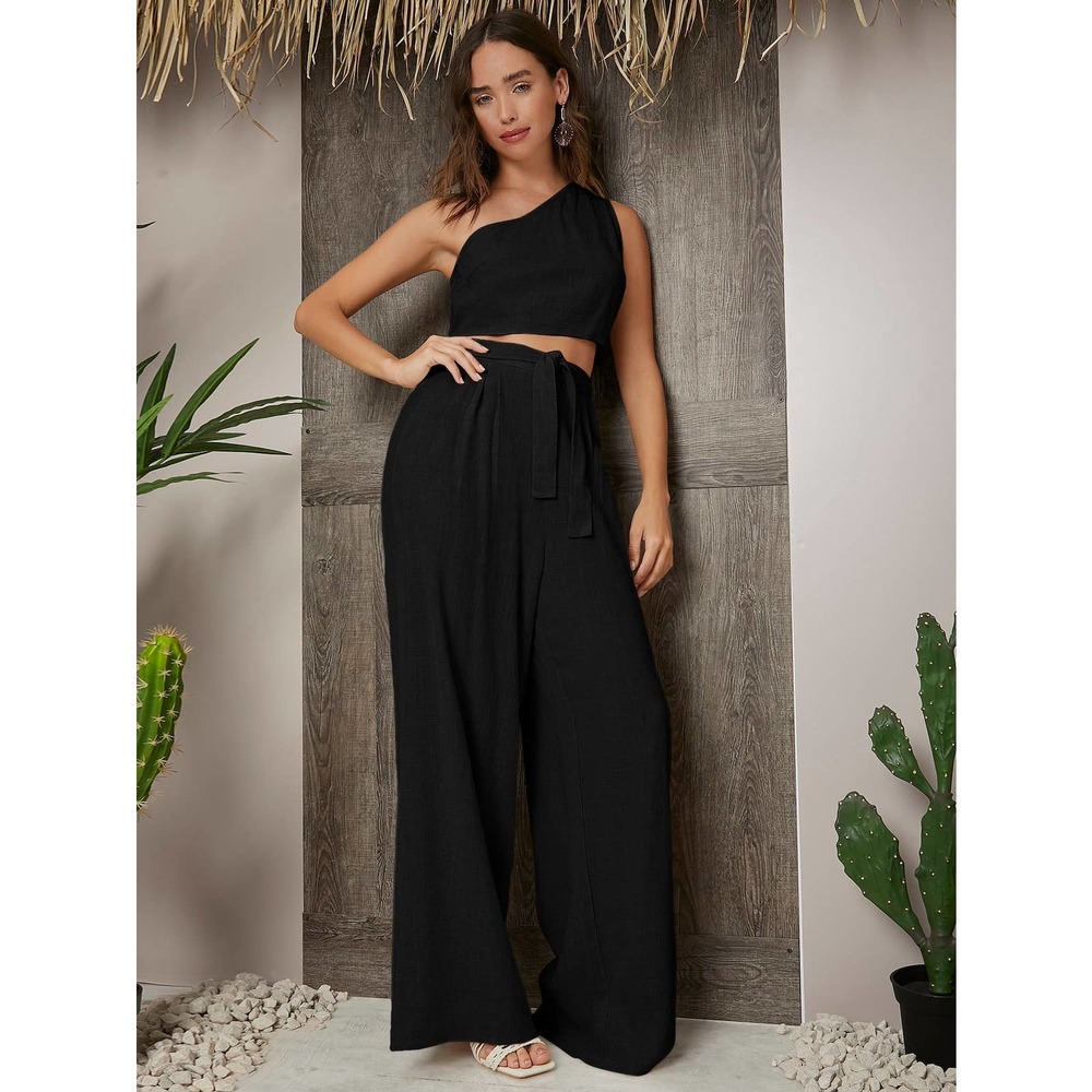 2 piece set: One Shoulder Crop Top & Palazzo Belted wide leg Pants Set black